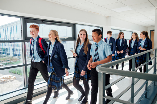 Group of secondary school pupils walking in the corridor
